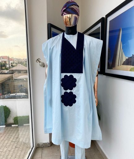 A Light blue, connected square navy blue embroidery Agbada