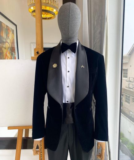 A Charcoal Black Shawl Lapel Soaked Italian Velvet Tuxedo Suit