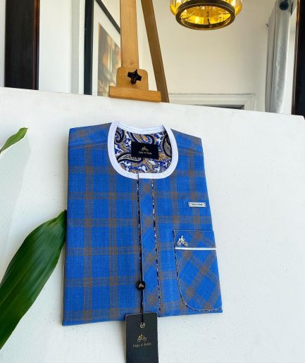 A window pane check, Front Flap, Curved Patch pocket details African traditional senator kaftan native.