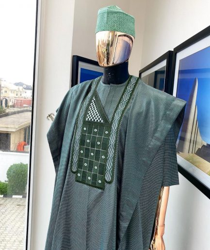 A Moss green, dotted rectangle embroidery detailed Agbada
