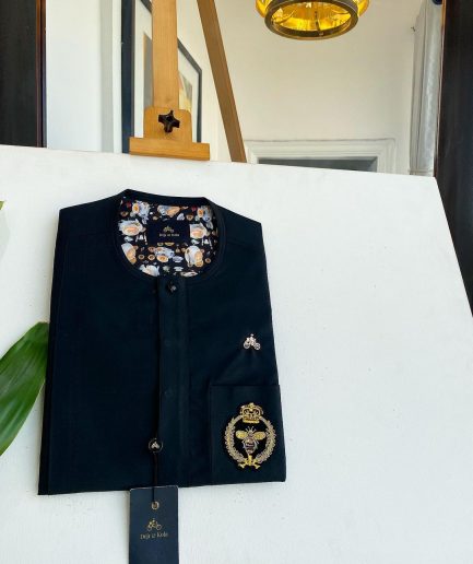 A charcoal black, clear view black Swarovski buttons, hand embroidery patch details, African traditional senator kaftan native