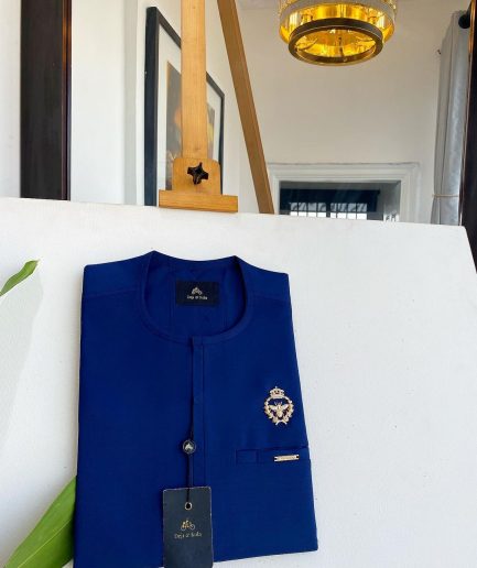 A Navy blue, Tiny Flap, Gold bee crown details African traditional senator kaftan native.