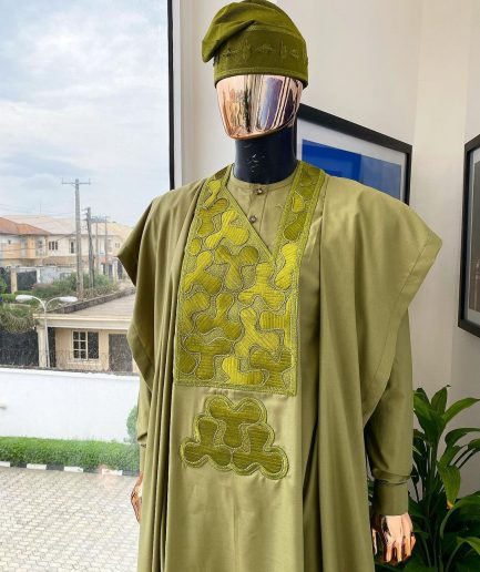 An Olive Green, Geometrical Embroidery Details Agbada