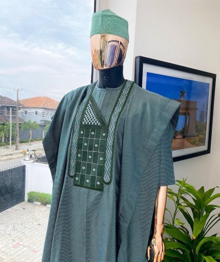 A Moss green, dotted rectangle embroidery detailed Agbada