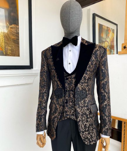 A “Mandarin” floral black and tortilla brown Peak Lapel with black soaked Italian velvet