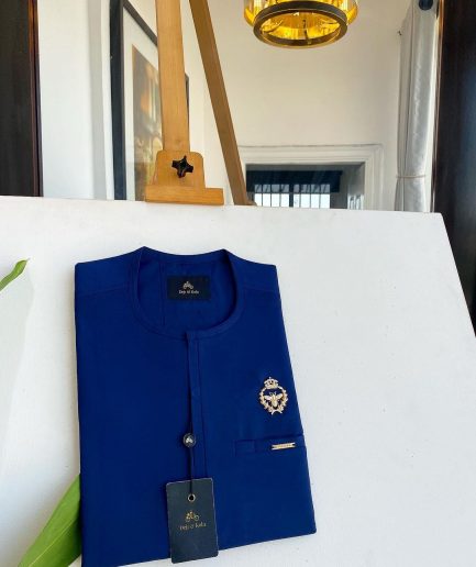 A Navy blue, Tiny Flap, Gold bee crown details African traditional senator kaftan native.