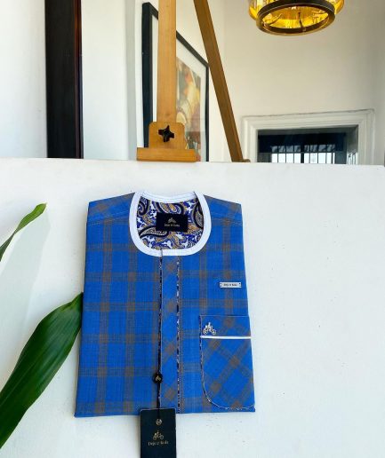 A window pane check, Front Flap, Curved Patch pocket details African traditional senator kaftan native.