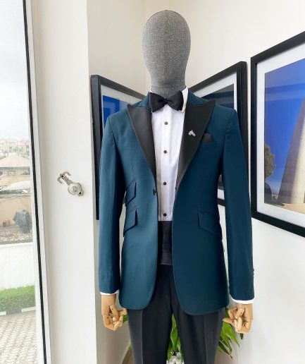 A Sacramento Green Peak Lapel, One Button Tuxedo Suit