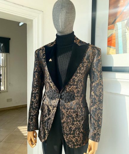 A “Mandarin” Peak Lapel with black soaked Italian velvet, Chinese button suit