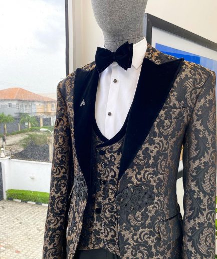 A “Mandarin” floral black and tortilla brown Peak Lapel with black soaked Italian velvet