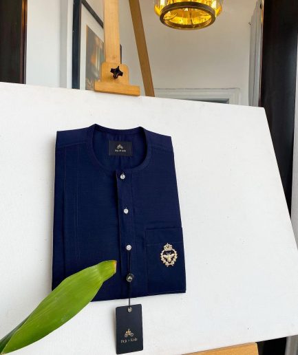 A Midnight Blue, clear view silver Swarovski buttons, gold bee adornment green pocket details African traditional senator kaftan native.