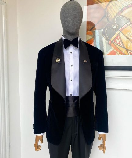 A Charcoal Black Shawl Lapel Soaked Italian Velvet Tuxedo Suit