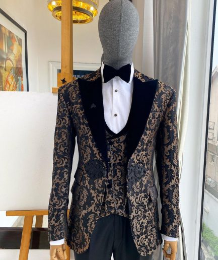 A “Mandarin” floral black and tortilla brown Peak Lapel with black soaked Italian velvet