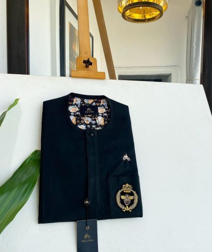 A charcoal black, clear view black Swarovski buttons, hand embroidery patch details, African traditional senator kaftan native