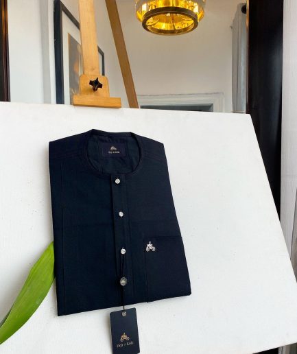A Charcoal black, clear view silver Swarovski buttons, patch pocket details African traditional senator kaftan native.