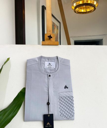 A Cloud grey, Clear View Black Swarovski Buttons, Ruffle Pocket Details African Traditional Senator Kaftan Native.