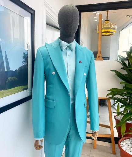 A Monochrome Peak Lapel Turquoise Blue Suit