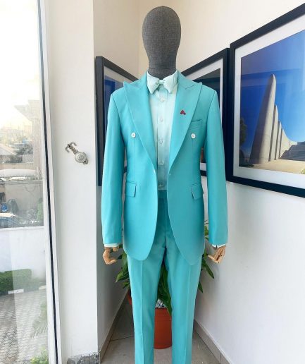 A Monochrome Peak Lapel Turquoise Blue Suit