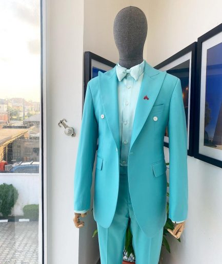 A Monochrome Peak Lapel Turquoise Blue Suit