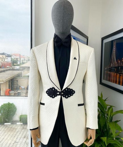 A “Mandarin” Circle Pattern Ivory white shawl lapel jacquard Suit