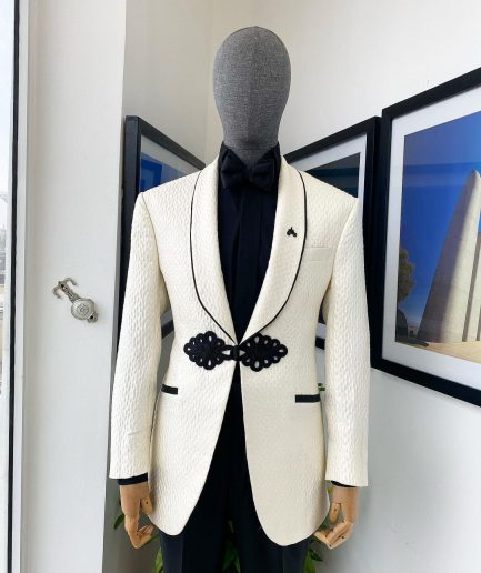 A “Mandarin” Circle Pattern Ivory white shawl lapel jacquard Suit