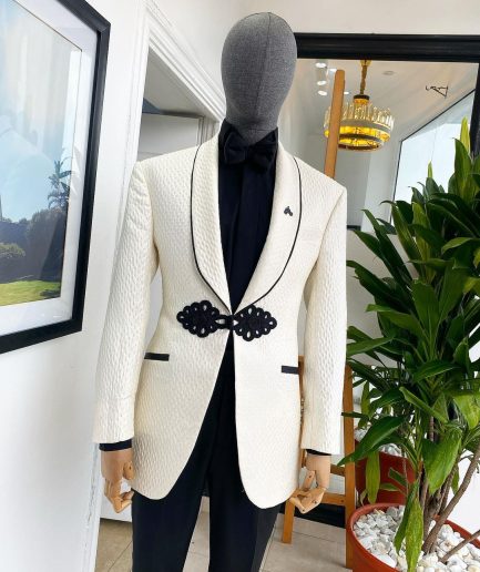 A “Mandarin” Circle Pattern Ivory white shawl lapel jacquard Suit