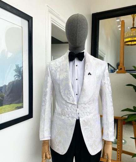 An Ivory White And Silver Shawl Lapel Floral Jacquard Suit