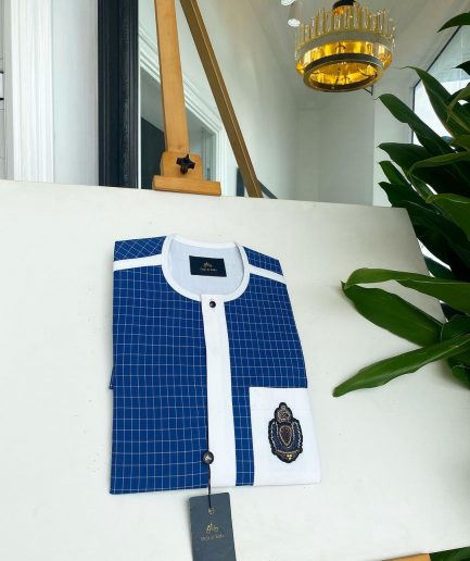 An Ivory white and blue check, black Swarovski buttons, front flap, Indian Hand embroidery badge details African traditional senator kaftan native.