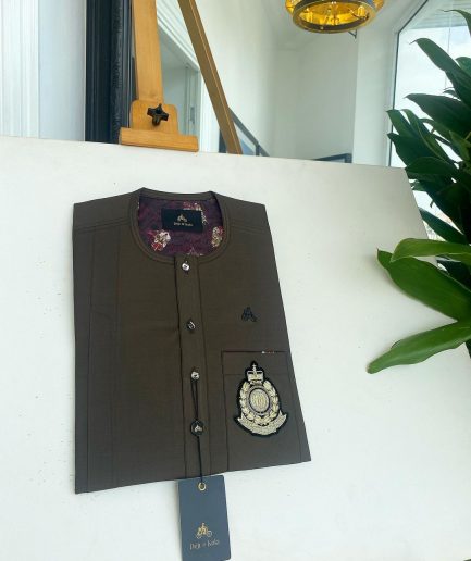 A Mocha Brown, clear view transparent Swarovski buttons, front flap, hand embroidery patch detailing African kaftan native.