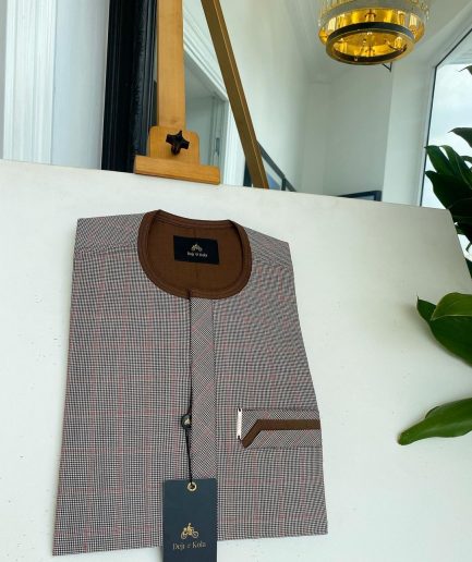 A Light and dark brown check, front flap and sliding pocket details African traditional kaftan native.