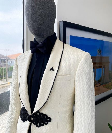 A “Mandarin” Circle Pattern Ivory white shawl lapel jacquard Suit