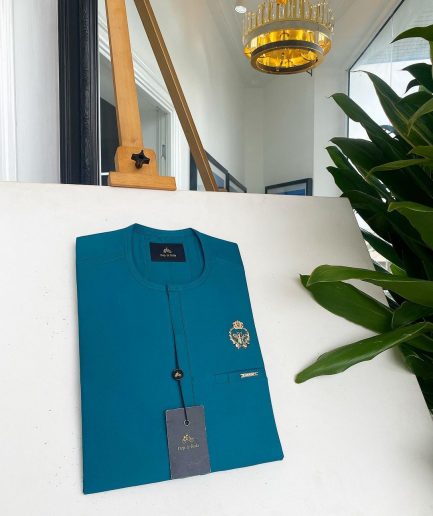 A teal green, tiny flap, and gold bee crown detail an African traditional senator kaftan native.