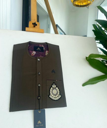 A Mocha Brown, clear view transparent Swarovski buttons, front flap, hand embroidery patch detailing African kaftan native.