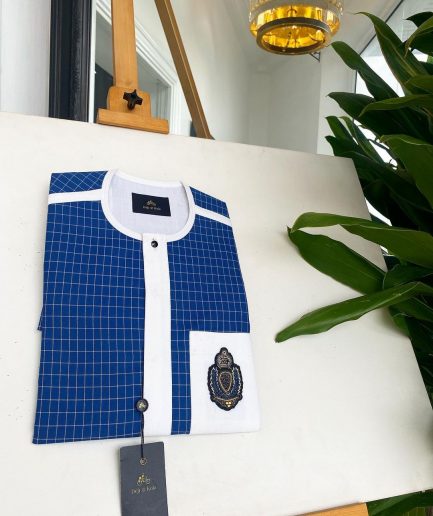 An Ivory white and blue check, black Swarovski buttons, front flap, Indian Hand embroidery badge details African traditional senator kaftan native.