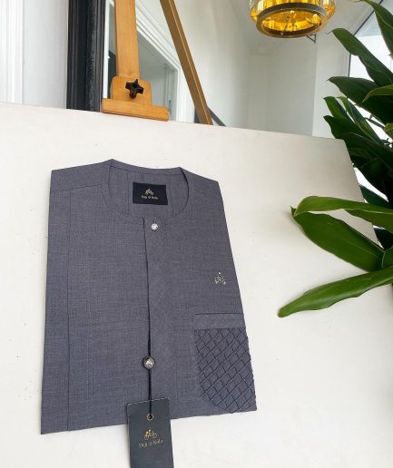 A Fossil grey, clear view silver Swarovski buttons, ruffle pocket details African traditional senator kaftan native.
