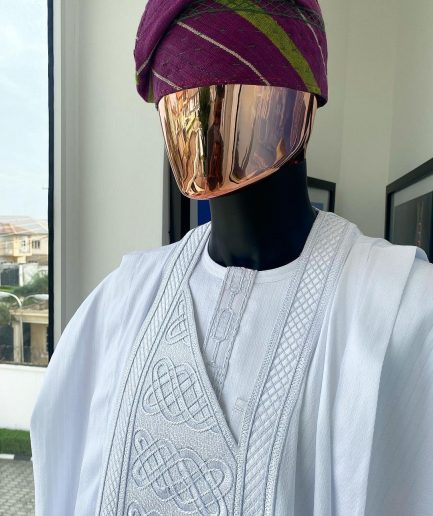 A Cocaine White dotted round and interwoven line embroidery agbada