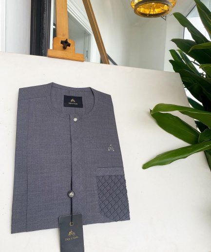 A Fossil grey, clear view silver Swarovski buttons, ruffle pocket details African traditional senator kaftan native.
