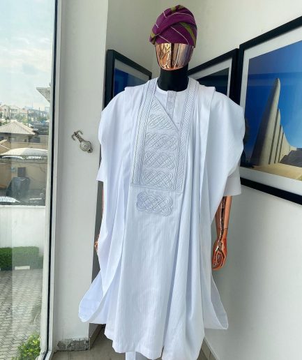A Cocaine White dotted round and interwoven line embroidery agbada