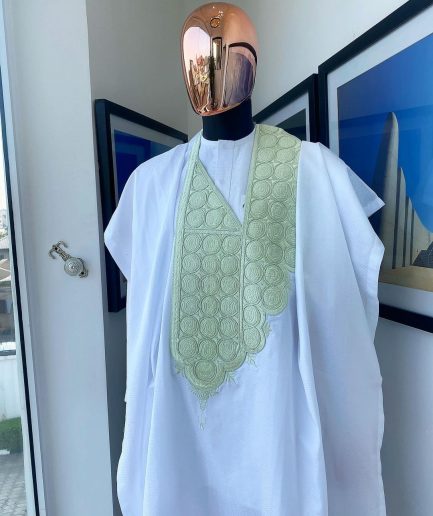 A Cocaine White, Mint Green coordinated circle embroidery agbada
