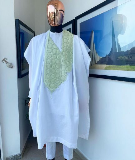 A Cocaine White, Mint Green coordinated circle embroidery agbada