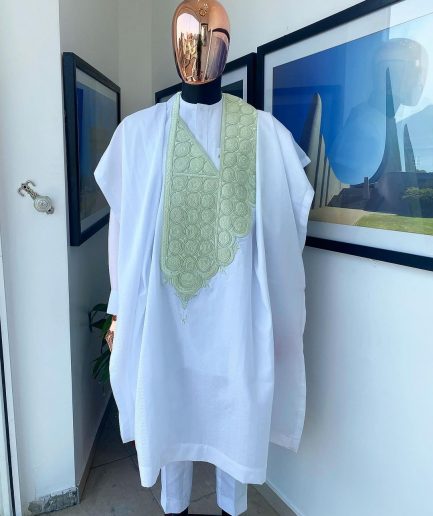 A Cocaine White, Mint Green coordinated circle embroidery agbada