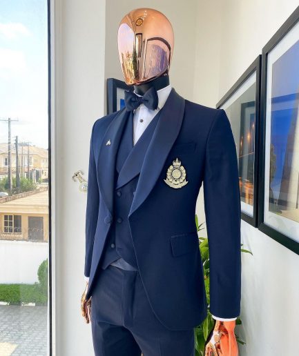 A Midnight Blue Shawl Lapel Tuxedo Suit