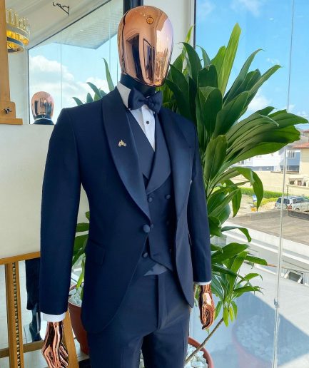 A Midnight Blue Shawl Lapel Tuxedo Suit