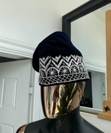 Navy blue and silver glass bead Embroidery Yoruba Traditional Ide Cap