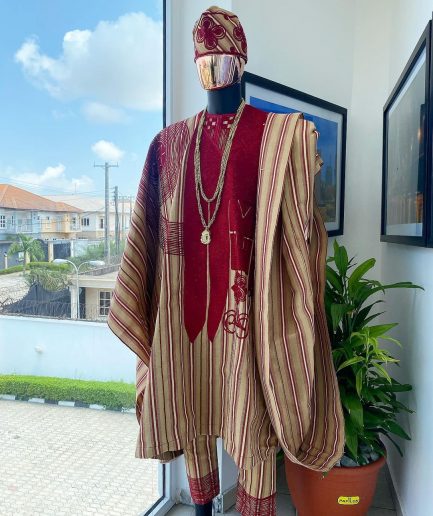 A Stripe champagne gold, cream, burgundy, aso oke regal agbada