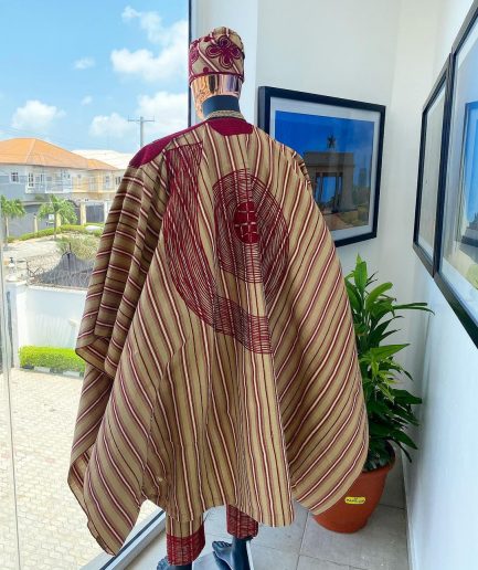 A Stripe champagne gold, cream, burgundy, aso oke regal agbada