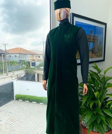 A monochrome forest green long senator kaftan, Soaked premium velvet kimono with Black Swarovski button details & matching velvet round cap.