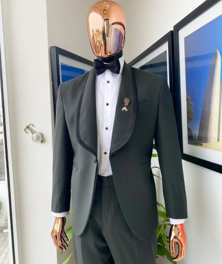 A Seaweed Green Shawl Satin Taped Lapel Tuxedo Suit.