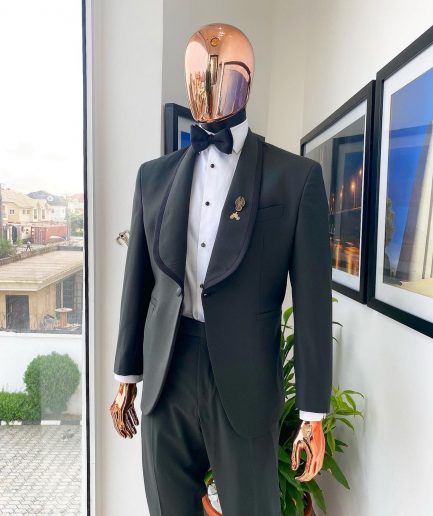 A Seaweed Green Shawl Satin Taped Lapel Tuxedo Suit.