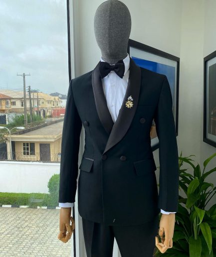 A Charcoal Black Double Breasted Shawl Lapel Tuxedo Suit